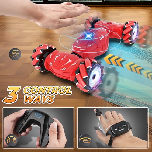 RC Stunt Cars Gesture Sensing Remote Control Car for Boys Gifts Toys, Red | 2.4Ghz Hand Controlled Car with Lights Music Sprayer, 360° Rotation, Drift, 4WD Off-Road, Birthday Xmas Gifts Toys for Kids - color: Red
