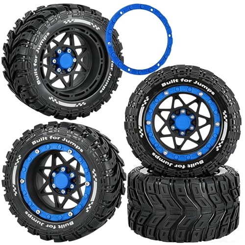 RC Truck Wheel and Tires for 1/16 Summit E-REVO Gorgon GROM MINI KRATON M-J-X H-B-X S-C-Y RC Car,Monster Truck Car Wheel Tires w/Plastic Wheels Rim,Soft Tire Highway Wheels,Black Navy Blue - color: Black--navy Blue(rc Wheels Tires)
