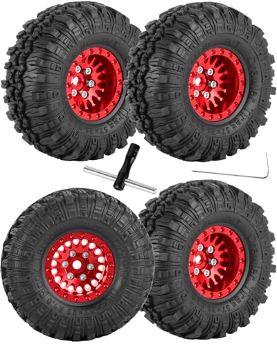 RC 1.0 Beadlock Wheels and Tires for 1/18 TRX4M,1/24 SCX24 RC Crawler,Alloy Aluminium RC Wheels 1.0 Beadlock Rims Soft Rubber Tires,4PCS,Red - color: Red(4pcs)