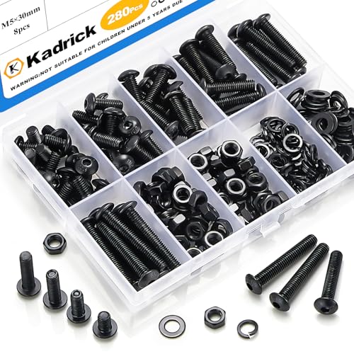 KADRICK 280PCS M5 Screw Kit,Hex Socket Button Head Screws Length 8MM-30MM | M5 Bolts with Nuts Flat & Lock Washers, Class 10.9 Alloy Steel,Black Oxide Finish - size: M5 280Pcs 8-30mm