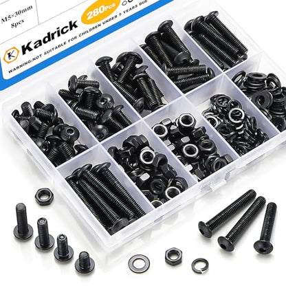 KADRICK 280PCS M5 Screw Kit,Hex Socket Button Head Screws Length 8MM-30MM | M5 Bolts with Nuts Flat & Lock Washers, Class 10.9 Alloy Steel,Black Oxide Finish - size: M5 280Pcs 8-30mm