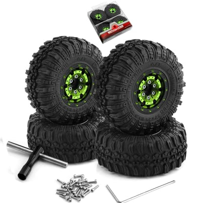 REDSPIDER （4pcs） 1.0 beadlock Wheels and Tires，1.0 Tires Set Has Super Soft Stickiness，Wheel hub Colors Available. 1.0 Crawler Tires for TRX4M Axial AX24 SCX24 FCX24 1/18 1/24 RC Crawler Car (Green) - color: Green