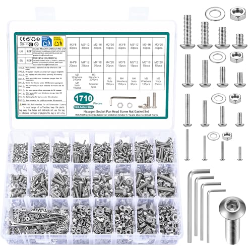 1710 Pcs M2 m3 m4 m5 Screws Assortment Kit, Metric Nuts and Bolts Assortment Kit, Hex Socket Button Head Cap Screw Bolts and Nuts Kits, Hex Socket Screw Set, Machine Screws Set, with Spanner(Silver) - size: M2M3M4M5
