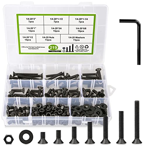 1/4 20 Bolt and Nuts, with Washers for Screws, Hex Socket Flat Head 7 Sizes are 2", 1-1/2", 1-1/4", 1", 3/4", 5/8", 1/2", 10.9 Grade Alloy Steel, Black, Full Machine UNC Thread - size: 1/4 20 Hex Socket Flat Head