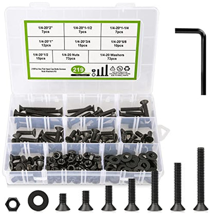 1/4 20 Bolt and Nuts, with Washers for Screws, Hex Socket Flat Head 7 Sizes are 2", 1-1/2", 1-1/4", 1", 3/4", 5/8", 1/2", 10.9 Grade Alloy Steel, Black, Full Machine UNC Thread - size: 1/4 20 Hex Socket Flat Head