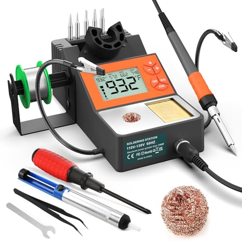 Soldering Station, 140W Digital Display Soldering Iron Station Kit with 2 Helping Hands, 356°F-932°F, Auto Sleep, °C/°F Conversion, Solder Wire, 5 Tips, Solder Sucker, Tweezers, Tip Cleaner, Gray - color: Gray