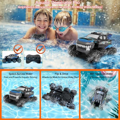 Amphibious Remote Control Car 8WD RC Monster Truck for Boys Age 8-12 Offroad Waterproof RC Pickup All Terrain RC Drift Cars Beach Pool Toys Gifts for Kids Blue - color: Blue
