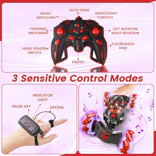 Gesture Sensing RC Stunt Car with Lights Music, Hand Controlled RC Car Toys for Age 5-13, Hand Control Drift Remote Control Twist Cars can 360° Rotation,Presents for Kids
