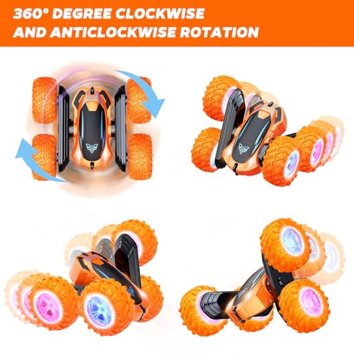 Remote Control Car, 2.4GHz Electric Race Stunt Car, 360° Rotating RC Car | Kids Car Toys, LED Headlights Double Sided RC 4WD High Speed Off Road Gift for 3 4 5 6 7 8-12 Year Old Boy Toys (Orange) - color: Orange