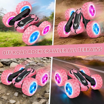 Remote Control Car, 2.4GHz RC Stunt Car, Double Sided Rotating RC Cars | LED Headlight & LED Wheel, 360° Flips High Speed Off Road RC Crawler Xmas Gift for 5 6 7 8-12 Year Old Girls Toys (Pink) - color: Pink