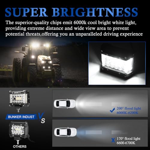 BUNKER INDUST Side Shooter LED Light Pods Wiring Harness Kit, 2 Pcs 4" Spot Flood LED Light Bar 60W Work Light Waterproof Cube Lights Off-Road Driving Bumper Light for ATV UTV Truck Boat Tractor - size: 4 Inch