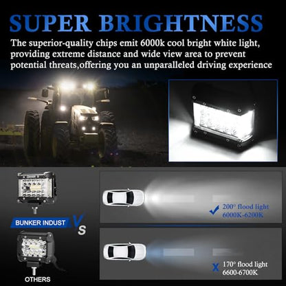 BUNKER INDUST Side Shooter LED Light Pods Wiring Harness Kit, 2 Pcs 4" Spot Flood LED Light Bar 60W Work Light Waterproof Cube Lights Off-Road Driving Bumper Light for ATV UTV Truck Boat Tractor - size: 4 Inch
