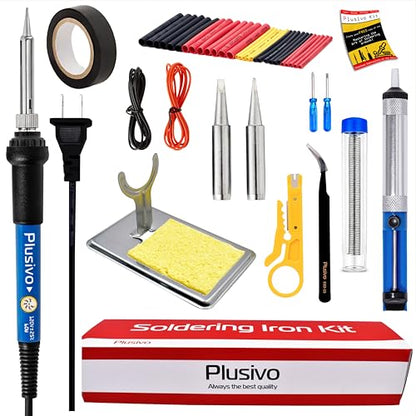 Soldering Iron Kit, 60W Adjustable Temperature 15-in-1, Solder Wire, 2 pcs Tips, Wire Cutter, Desoldering Pump, Tweezers, Fast Heating for Desoldering Electronics Repair Hobby DIY 120V US Plug