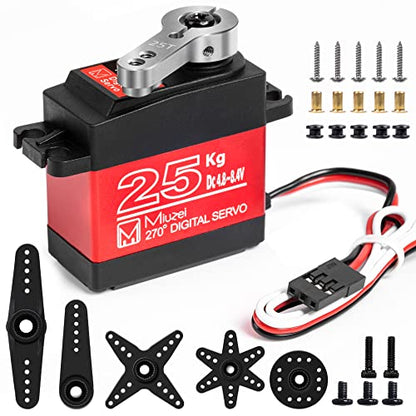 Miuzei 25KG Servo Motor High Torque Metal Gear for 1/10 1/8 RC Car 1 Pack | 27.5kg·cm Torque 0.13s/60° Speed @8.4V, Digital 270 Degree Waterproof Standard Steering with 25T Horn for RC Crawler Robot