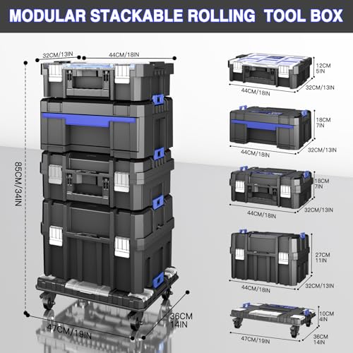 5 Tier Stackable Tool Box with Wheels,Rolling Tool Box with Drawers,Modular Tools Organizer,Portable Tool Box with Transparent Parts Box,Large Capacity Toolbox,for Garage Storage,Home and Repair Shop