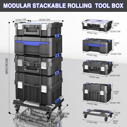 5 Tier Stackable Tool Box with Wheels,Rolling Tool Box with Drawers,Modular Tools Organizer,Portable Tool Box with Transparent Parts Box,Large Capacity Toolbox,for Garage Storage,Home and Repair Shop