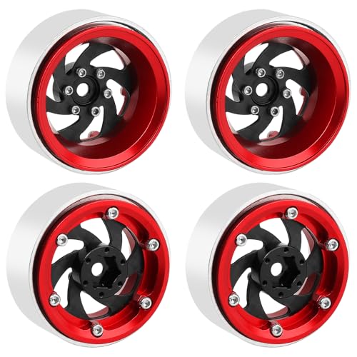 ModuWheel 1.3" Negative Offset Aluminum + Carbon Fiber Base Beadlock Wheels for 1/24 1/18 SCX24 TRX4m Ascent-18 RC Crawler (red) - color: red