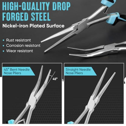 SHALL 7" Long Reach Needle Nose Pliers Set, 2PC Extra Long Nose & Bent Nose Pliers with Comfort Grip Handles, Non-Serrated Mini Pliers for Bending Wire, Jewelry Making, Crafts, Home Repair - size: 2PCS 7"