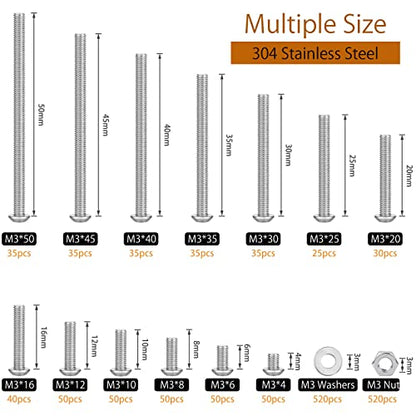 1560PCS M3 Bolts and Nuts Assortment, GTERNITY Metric M3x50/45/40/35/30/25/20/16/12/10/8/6/4 mm Cap Screws Assorted M3 Hex Socket Head Screws Nuts Washers Kit, 304 Stainless Steel - size: M3 1560 B