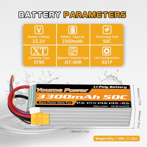 Yourme 6S LiPo Battery 22.2V 3300mAh 50C XT90 2Packs for RC Car Drone Boat | 2pcs 6S Lipo Soft Case 22.2V 3300mAh 50C XT90 Plug for RC airplane helicopter quadcopter drone truck boat, high performance - style: 2x 22.2V 3300mAh