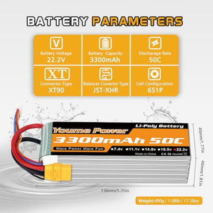 Yourme 6S LiPo Battery 22.2V 3300mAh 50C XT90 2Packs for RC Car Drone Boat | 2pcs 6S Lipo Soft Case 22.2V 3300mAh 50C XT90 Plug for RC airplane helicopter quadcopter drone truck boat, high performance - style: 2x 22.2V 3300mAh