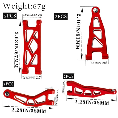Aluminum Front Rear A Arms Upgrades Part for 1/18 Granite Grom Mega 380 Brushed 4x4 Monster Truck RTR,Alloy Front Rear Suspension A Arms Hops Up,8PCS,Red - color: Red(8pcs)