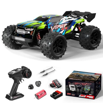 Brushless RC Cars for Adults, 1/16 Scale RC Truck, 55KM/H High Speed Remote Control Car, 2.4GHz 4WD All Terrains Off-Road RC Monster Truck with LED Light and 2 Rechargeable Batteries (Green) - size: 2 Batteries