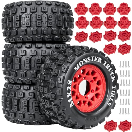 MX28 2.8" Tires and Wheels with 12mm/14mm Hex Upgrade Parts for 1/10 ARRMA Big Rock, Granite, VORTEKS 3S and Stampede, Rustler, Hoss RC Trucks 4pcs/Set(Red)