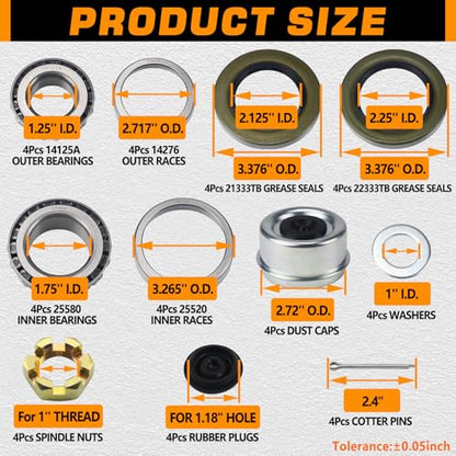 4Sets 25580 14125A Trailer Hub Bearings Kit for 7000 lb D42 Axle | with 21333TB/10-10 22333TB/10-36 Grease Seals, 2.72'' Dust Caps, Cotter Pins, Castle Nuts & Washers, for #42 Tapered Spindle - size: 4Set 25580 14125A Bearing Kit