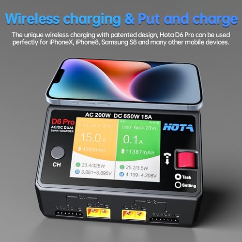 Lipo Battery Charger RC Battery Charger HOTA D6 Pro Smart Charger Dual Channel 15A AC200W with Balance Phone Wireless Charging BoatDC650W for Lipo LiHv Nicd NiMH - color: grey