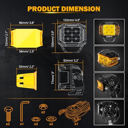 Auxbeam V-MAX Series 4'' 92W Cube LED Pod 270° Side Shooter Offroad Light | Spot Flood Combo Light Pod with DRL, 92W 8960LM,3 Lighting Modes, Amber Covers, 1Lux@476m, Auxiliary Ditch Light, Easy To Use - color: 4in Cube LED Pod