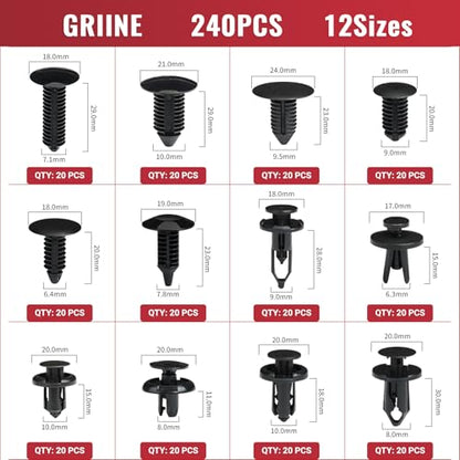 240 Pcs Car Bumper Retainer Clips Plastic Rivets Fasteners Push Retainer Kit - 12 Most Popular Sizes Auto Push Pin Rivets Set -Door Trim Panel Fender Clips for GM Ford Toyota Honda Chrysler - size: 240 Pcs