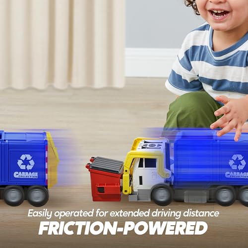 JOYIN Large Friction Powered Garbage Truck Toy Set, Includes 1 Dumpster, 3 Trash Bins, and 30 Learning Cards for Kids, Blue - color: Blue