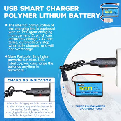 7.4V 500mAh 30C PH2.0 Plug Lipo Battery with USB for AX24 SCX24 RC Car, Compatible with Most 1/10, 1/16, 1/18, 1/24 Proportional Remote Control Trucks, RC Drones (1PCS Battery+1USB)