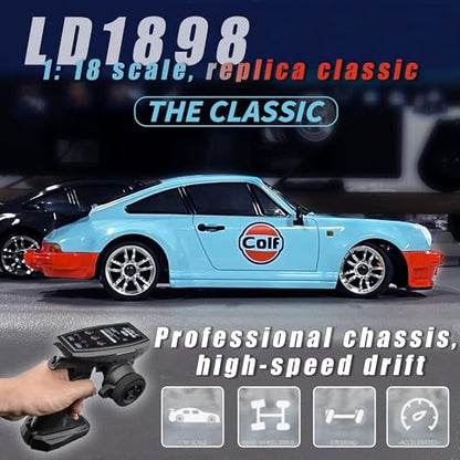 LDRC 1898 1:18 RC Drift Car 911 2.4GHz RWD with Gyroscope on-Road Alloy Body Shell Racing Cars Radio Control (Blue)