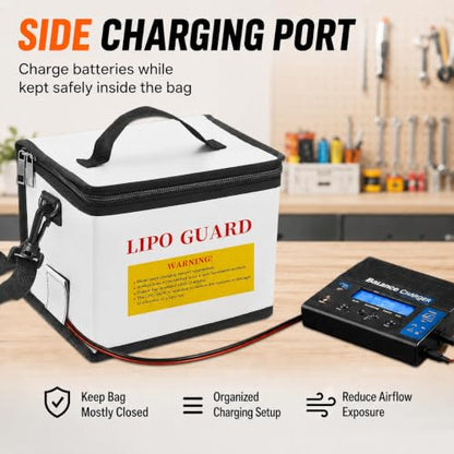 LiPo Safe Bag Fireproof Explosionproof Battery Storage & Charge Safe Pouch | Fire Resistant Large Capacity Battery Guard Bag with Side Charging Port, Double Zipper, Reinforced Handle & Shoulder Strap - color: White