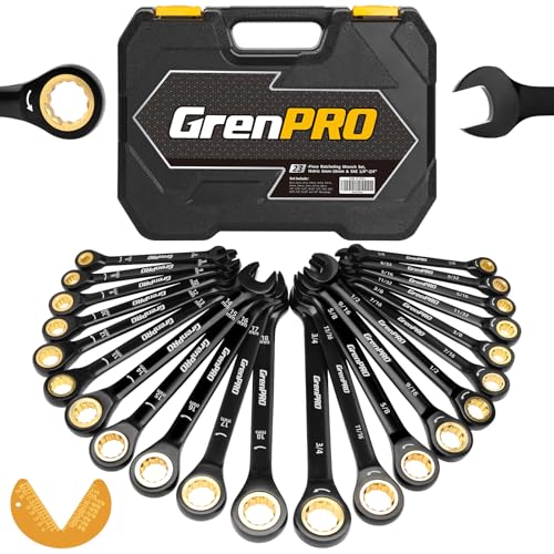 GRENPRO 23PCS Ratcheting Combination Wrench Set SAE Metric Mechanic Tools | 1/4"-3/4"&6-18MM Bolt Gauge, Electro-Coated CR-V 72-Tooth 5Deg Swing 12Pt Corrosion Resistant, Roll Pouch Auto&HomeRepair - style: Ratcheting Wrench Set (Metric&SAE)