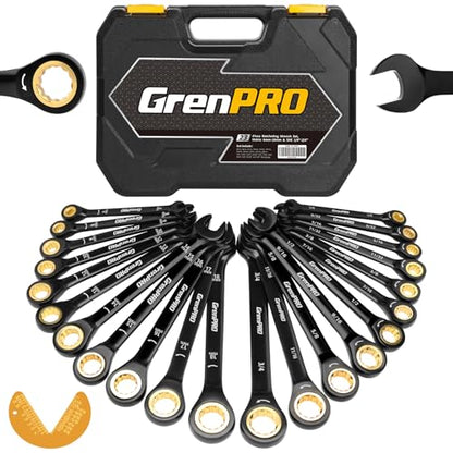 GRENPRO 23PCS Ratcheting Combination Wrench Set SAE Metric Mechanic Tools | 1/4"-3/4"&6-18MM Bolt Gauge, Electro-Coated CR-V 72-Tooth 5Deg Swing 12Pt Corrosion Resistant, Roll Pouch Auto&HomeRepair - style: Ratcheting Wrench Set (Metric&SAE)