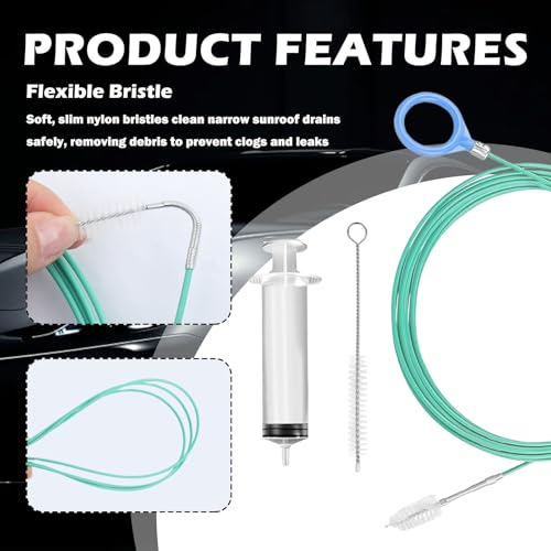 118" Flexible Sunroof Drain Cleaning Tool Kit,Automotive Sun Roof Drain Cleaning Tool Kit with Soft Brush,Syringe,Hose,Sunroof Drains Cleaner Tools for Car Sunroofs Pipe Cleanings