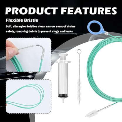 118" Flexible Sunroof Drain Cleaning Tool Kit,Automotive Sun Roof Drain Cleaning Tool Kit with Soft Brush,Syringe,Hose,Sunroof Drains Cleaner Tools for Car Sunroofs Pipe Cleanings