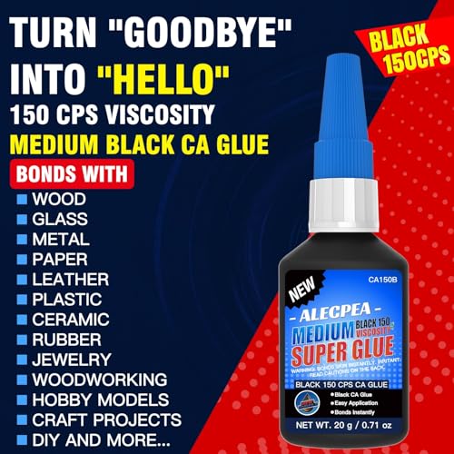 Black CA Glue 20g 150CPS Medium Super Glue for Wood & Leather | Cyanoacrylate adhesive for glass, metal, ceramic, rubber, jewelry, woodworking, hobby models and DIY crafts, Medium 150 CPS