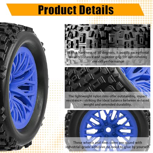 Pre-Glued 1/16 & 1/18 RC Monster Truck Tires, Soft Rubber Tire and Nylon Wheels Rims with 12mm hex Compatible with ARRMA 1/18 Granite/Typhon Grom, WLtoys A949, MJX Hyper Go H16 RC Buggy, 4PCS (Blue) - color: Blue