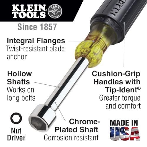 Klein Tools 631 Tool Set, Made in USA, Nut Driver Set w/Hex Nut Sizes 3/16, 1/4, 5/16, 11/32, 3/8, 7/16 and 1/2-Inch on 3-Inch Full Hollow Shaft, 7-Piece - style: Non-Magentic