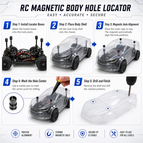 4PCS Magnetic RC Body Shell Mount Column Hole Locator for Tamiya SCX10 TRX4 | CNC Aluminum Locator Accurately Marks Post Positions For 1/10 Drift Crawler Touring Body Shell Mounting for Axial MST HPI HSP