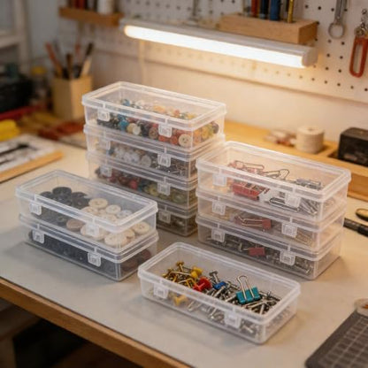 Goodma 8 Pieces Rectangular Empty Mini Clear Plastic Organizer Box | 6.5 x 2.56 x 1.38 Inch, Hinged Lids, For Small Items, Craft Projects - size: 165 x 65 x 35 mm