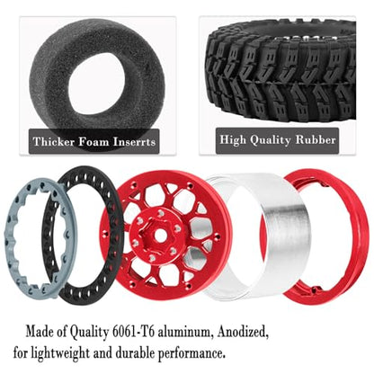 RC 1.3 Beadlock Wheel Tires Set (4PCS) for 1/24 SCX24 1/18 TRX4M RC Crawler Car,Aluminum 1.3 Beadlock Wheels and Tires,Wheel Rim,Red - color: Red- (Rc Wheels Tires)