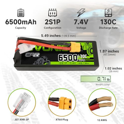 OVONIC 2S LiPo Battery 6500mAh 7.4V 130C RC Battery with XT60 to TRA Connector