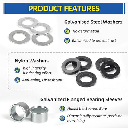 Bearing Bore Hole and Hub Length Adjustment Hardware Kit, with Flanged Bearing Sleeves, Nylon & Steel Washers