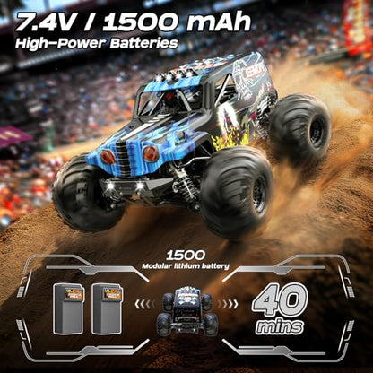 1/14 Brushless RC Cars for Adults, Max 42mph Oil Shock Absorber Electric 4WD High-Speed RC Car, Remote Control car for Adults RC Truck with Two 2S Lipo Batteries, Compatible with 3S Lipo - color: Blue