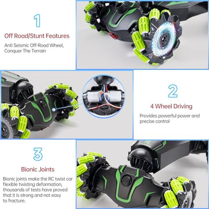 Remote Control Car for Boys, 4WD Gesture Sensing RC Stunt Car with Cool Music Light, 360° Rotating Flips Off-Road Vehicle Twist Car Toys for Kids Age 6-12 (Green) - color: L-green